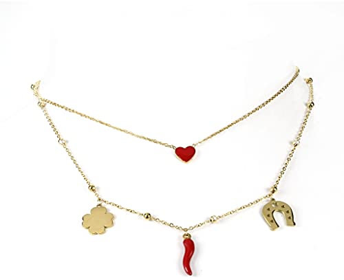 Flowers Collana in Acciaio color Oro o Argento Portafortuna con Ciondolo Corno Rosso, Quadrifoglio e Ferro di Cavallo (Doppio filo Dorato)