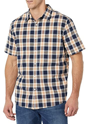 Amazon Essentials Men's Short-Sleeve Stretch Poplin Shirt (Available in Big & Tall), Navy Peach Plaid, S