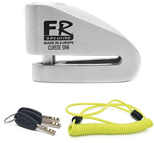 FR Sécurité FR110S Antivol Bloque Disque Moto Homologué SRA, Double Verrouillage ø10mm, Acier Inoxydable de Haute Sécurité, Cable de Rappel, Antivol Bloc Frein Roue pour Scooter, Moto, Velo