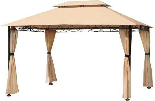 Gazebo 3x4M pour terrasses, auvent extérieur à Double Ventilation avec Rideaux et Sac de Sable, Tente de terrasse extérieure avec Lignes ondulées décoratives pour arrière-Cour (Marron)