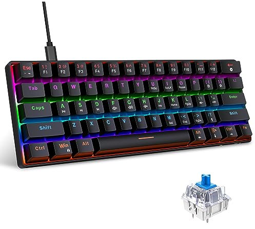 Snpurdiri 60% kabelgebundene Mechanische Gaming Tastatur, Anti-Ghosting 61 Tasten, RGB-Hintergrundbeleuchtung, Ultrakompakter Blauer Schalter, Doppelfuß, Schwarz
