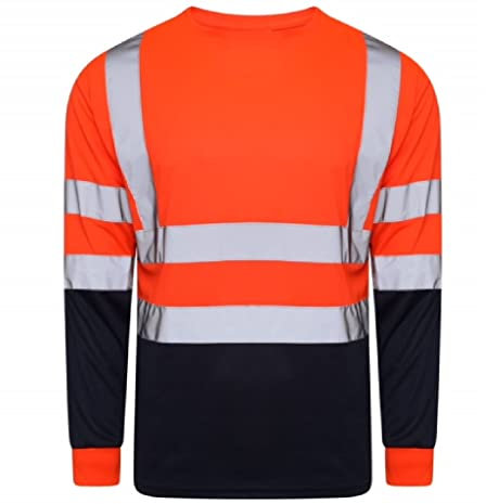 LIZZIE JACOBS Hi Viz High Visibility Crew Neck Long Sleeves Shirts Reflective Tape Safety Hi Vis Round Neck Security Work Breathable Lightweight Workwear Tops (Large, Orange/Navy)