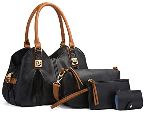 FANDARE Retro Damen-Henkeltaschen Weich-Leder Umhängetaschen Wasserdicht Handtasche 4-teiliges Set Schultertaschen für Reisen Einkaufen Arbeiten Verabreden Verwendet Schwarz