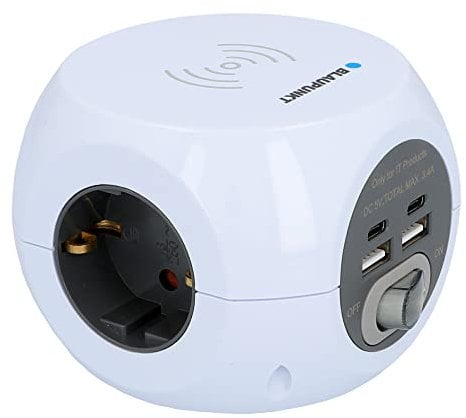 BLAUPUNKT Steckdosenwürfel, Mehrfachsteckdose, 3-fach, 2-fach USB-A + 2-fach USB-C, mit Ein-/Ausschalter, mit induktivem Laden, Weiß, 1,4 Meter
