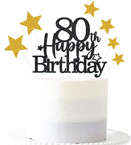 Glittery Black Gold 80th Happy Birthday Cake Topper with Star,80 Birthday Cake Toppers Party Decorations Party Supplies for Men Women