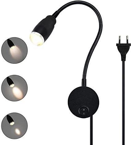 Leselampe Bett Wandmontage Einstellbarer Fokus Flexible Schwanenhals Wandleuchte LED Wand Leseleuchte mit Stecker und Schalter, 3W Bettleuchte aus Aluminium für Schlafzimmer, Bett, 3000K (Schwarz)