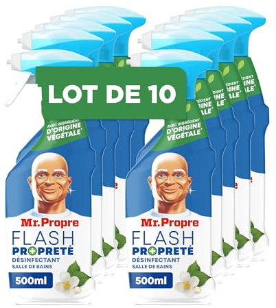 Mr. Propre Flash Propreté Spray Désinfectant Et Nettoyant Pour Salle De Bains, 10 x 500ML, Fleurs Blanches