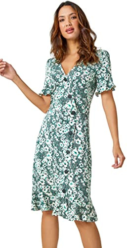 Roman Originals Floral Print Button Detail Tea Dress for Women UK - Ladies Everyday Holiday Spring Summer V Neckline Comfy Soft Evening Vacation Work Party - Green - Size 20