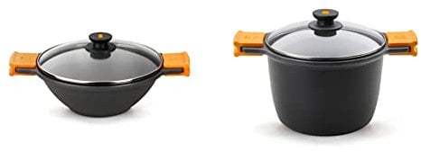 BRA Efficient - Sartén Wok/cacerola cóncava 28 cm, con tapa de cristal, asas de silicona & Efficient - Olla alta con tapa de cristal y asas de silicona, 6.8 litros, 24 cm, Color Negro