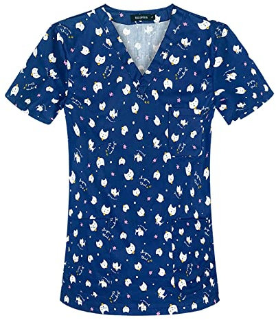 Shirts Hide Sweat 2023 Neue Schutzkleidung Damen Frühling Kurzarm V-Ausschnitt Bedruckte Tasche T Top Langarmshirt Frauen Knopf, E3-blau, Large