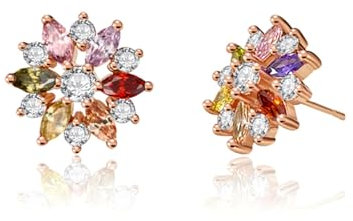 VONSSY Bunte Multi Edelstein Stud Ohrringe Rose Gold Zirkonia Schneeflocke Blume Kristall Erklärung Granat Amethyst Morganit Schmuck Geschenk für Lady Girl Mom Frau