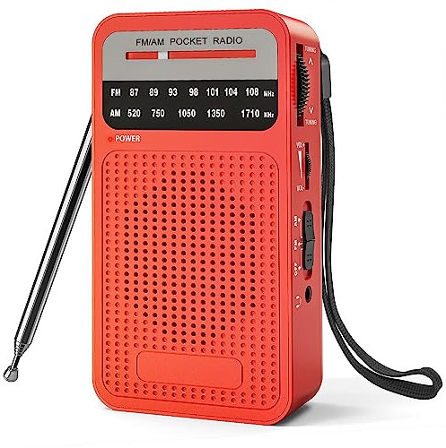 Taschenradio Batteriebetrieben FM/AM, Kleines Radio mit Eingebautem Stereolautsprecher/Kopfhöreranschluss, Tragbare Radios mit AA-Batterieleistung zum Wandern, Joggen und Camping(Rot)