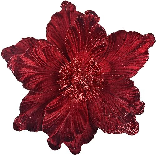 GL-Turelifes Glitzer Weihnachtsblumen Große Samt Magnolie Künstliche Blumen Ornamente 6 Stück Gefaltete Blume für Weihnachtsbaum Dekoration Kranz Dekor Hochzeit Herzstück (Claret Red)