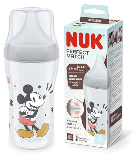 Biberón Perfect Match de NUK | +3 meses | Se adapta al bebé como el pecho de mama | Control de temperatura | Ventilación anticólico | 260 ml | Tetina mediana | Mickey Mouse de Disney, gris