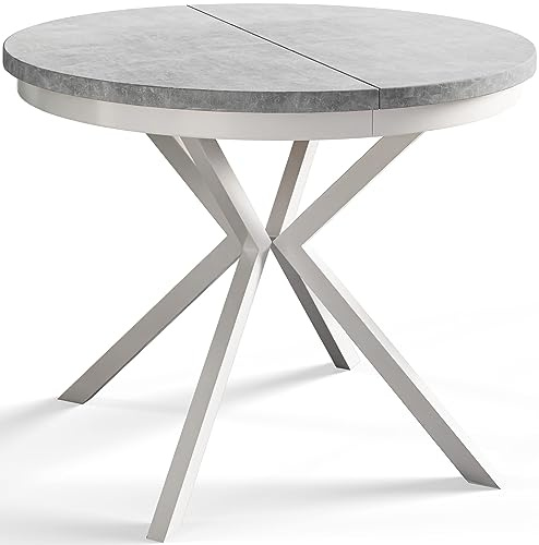 Esszimmertisch BERGO, Durchmesser: 90-170 cm, Hellgrau, Weiß Beine | Runder Tish, Ausziehbarer Tisch, Wohnzimmertisch mit Metallbeinen