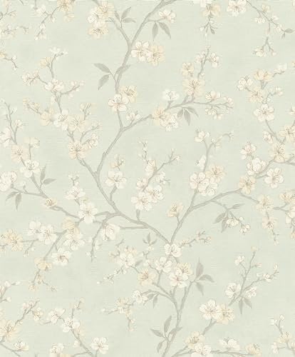 Rasch Tapete 456769 - Hellgrüne Vliestapete mit kleinen, zarten Blümchen in Beige und Weiß aus der Kollektion Country Charme