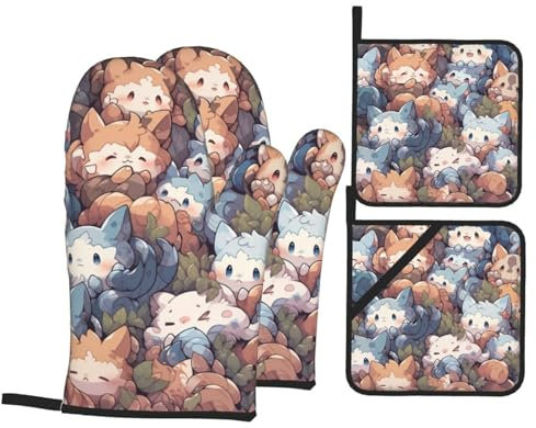 RAIZHE Lot de 4 gants de cuisine en forme de chat mignon - Résistants à la chaleur - Essentiels pour la cuisine - Doux et épais - Protège les mains - Cuisine facile