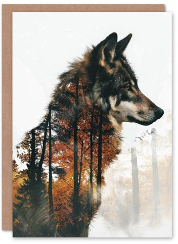 Artery8 Doppelbelichtung Herbst Wald Bäume Mann Wolf Geburtstagskarte