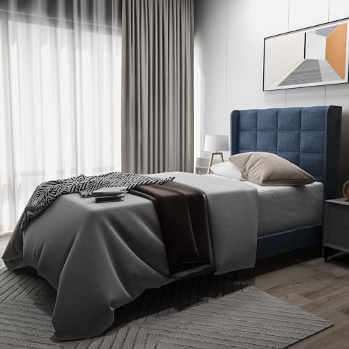 Skcess Modernes Design Polsterbett Mit Seinem Gepolstertes Kopfteil Einzelbett Mit Lattenrost, 90X200Cm,In Blau Leinen, Mittelfest (Ohne Matratze)