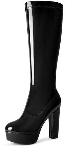 Allegra K Stivali alti al ginocchio da donna in pelle verniciata con plateau, Nero , 37 EU