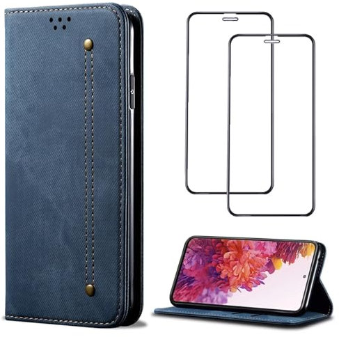 Czhwsm Compatible avec Coque iPhone 6 Etui Portefeuille Flip Cuir Housse Pochette Magnétique Fentes de Cartes Support+2X Verre Trempé-Bleu