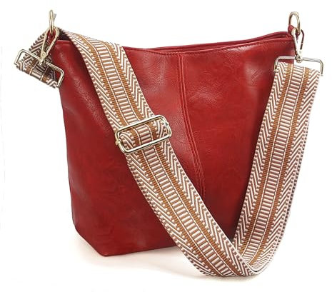 Huwzder Hobo Bags Umhängetasche aus veganem Leder, Gitarrengurt, Schultertaschen mit Reißverschluss, Handtaschen für Damen, Rot 2, Umhängetasche