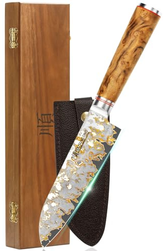 YOUSUNLONG Damaszener Kochmesser - Japanische handgefertigte Kupfer Damaszener Stahl Klinge von 178mm - Küchenmesser Rasiermesser Scharf - Naturel Burl Holzgriff mit Leder und Akazienholz Box