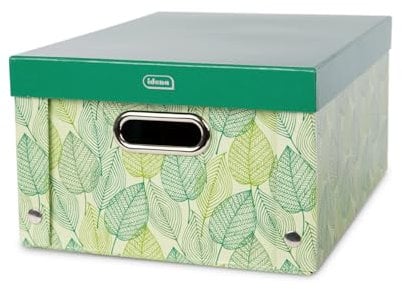 Idena 11195 - Aufbewahrungsbox mit Deckel und Metallgriffen, Aufbewahrungskorb aus festem Karton, ca. 37,5 x 28 x 18 cm, Grün-gemustert
