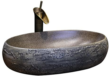 EPOTRDCV Aufsatzwaschbecken fürs Badezimmer, ovales Keramikwaschbecken, künstlerisches Aufsatzwaschbecken, Aufsatzwaschbecken fürs Zuhause mit Wasserhahn, Bade