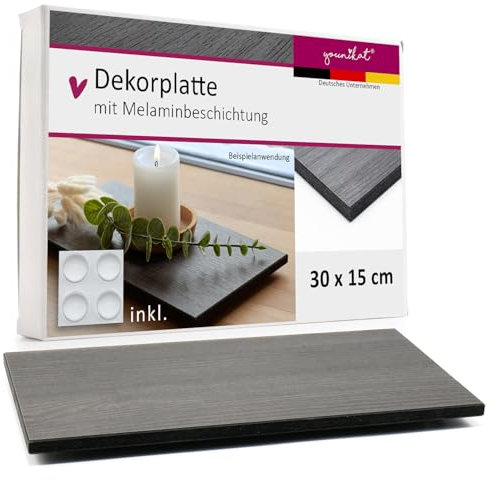 younikat Dekotablett I Dekoplatte I 30 x 15 cm I rechteckig I Stärke: 10 mm I schwarz Ash I Melaminbeschichtung beidseitig I inkl. Gummifüße I dv1542