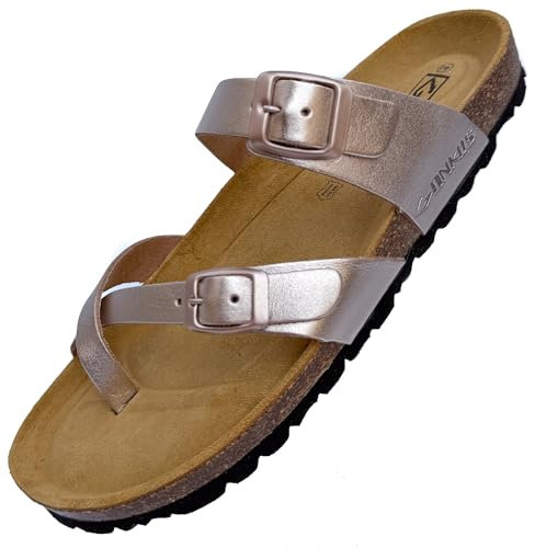 GONKOS®, Infradito Donna in Pelle, Vera Pelle, Sughero Naturale, Infradito Donna Estive Ciabatte Donne, Qualità Made in Spain, Colore Rosa metallizzato 37