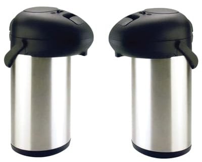 Set of 2 Pump Action 5L Airpot - Stainless Steel Teapot Infuser | Tea & Coffee Carafe Pump Action Air Pot Dispenser | for Hot Drinks, Soup Drinks, 5 Litre Travel Jug with Carry Handle & Safety Lock