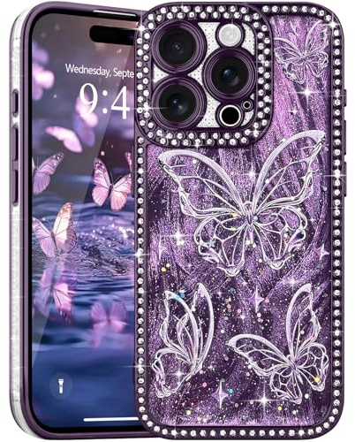 L-FADNUT for iPhone 16 Pro Max Glitter Case Diamond Butterfly TPU, Purple | Lovely Butterfly Pattern Bling Rhinestone Phone Case, Camera Protection Sparkly Slim Soft Silicone Back Cover for Women Girls