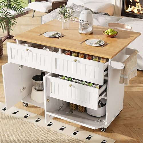 Merax Kücheninsel Küchenschrank mit abklappbarer Arbeitsplatte, Servierwagen freistehend auf Rollen, Kücheninselwagen mit 3 Schubladen, 3 Türen, Handtuchhalter, Buffetschrank für Esszimmer, Weiß