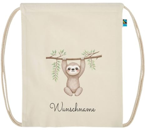 Personalisierter Turnbeutel aus Bio Baumwolle Wäschebeutel für Kinder Stoffbeutel mit Name und Motiv Dschungeltiere bedruckt (Faultier)