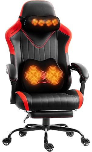 Dowinx Gaming Stuhl mit Massagefunktion, Ergonomisch Gestaltet Gaming Sessel mit Lendenwirbelstütze und Nackenstütze,Gaming Chair bis 135 kg Höhenverstellbar, Leder Geeignet für Erwachsene,Rot