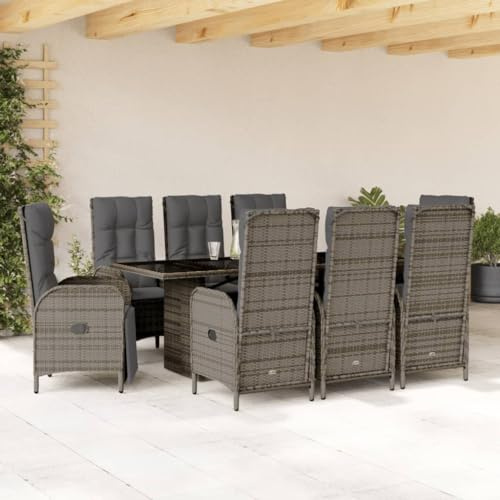 Tonture 9-TLG. Garten-Essgruppe mit Kissen, Grau Poly Rattan, verstellbare Relaxsessel, Hartglas-Tischplatte für Terrasse, Garten, Balkon, UV-beständig