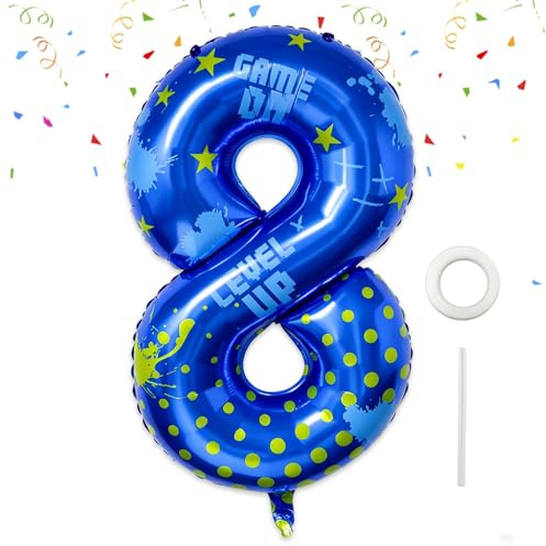 Video Game 8th Birthday Decorations,40'' Gaming Balloons,Blue Video Game Number 8 Foil Balloon for Level Up&Game ON Theme Birthday Party Supplies(8)