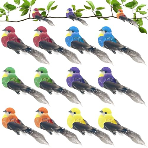 NINGYER 12 Stück Deko Vögel mit Clip, 10 x 3,5 x 3,5 cm, Bunt Deko Vögel | Künstliche Vögels Dekorieren, Deko Vögel mit Federn, Deko Vögel mit Clip für Garten, Äste, Party Hochzeitsdekoration