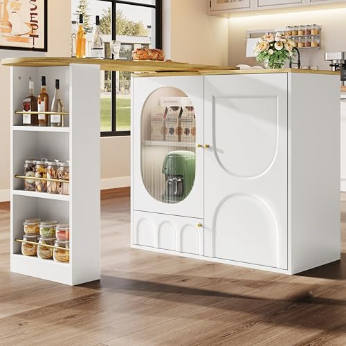 Bladez Mesa de bar extensible con rotación de 360° y espacio de almacenamiento, ajustable de 120 a 180 cm, moderna isla de cocina, mesa alta con cajones y estantes, para cocina, comedor (LED beige)