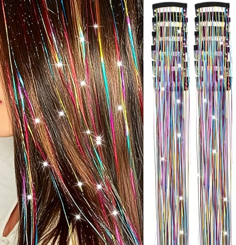 IOPJLK 12 Clip-in Hair Tinsel 50.8cm, glitzer Haarsträhnen für Fest & Party | Bunte funkelnde Haar-Lametta, leicht zu befestigen, dekorativer Kopfschmuck für alle Festivals