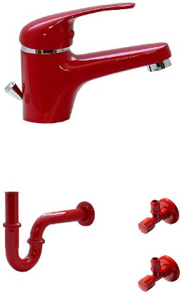 Waschtisch Bad Wasserhahn Armatur Siphon 2 Eckventile Rot