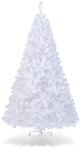COSTWAY 5FT/6FT/7FT/8FT Green/White Christmas Tree with Metal Stand, Artificial Realistic Natural Branches Pine Xmas Traditional Decorations Indoor (White, 6Ft /1.8M)