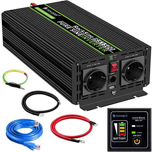 novopal 1500W KFZ reiner Sinus Spannungswandler-Auto Wechselrichter 12v auf 230v Umwandler-Inverter Konverter mit 2 EU Steckdose und USB-Port-inkl. 5 Meter Fernsteuerung-Spitzenleistung 3000 Watt