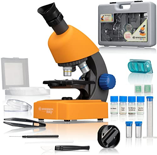 Bresser Junior Mikroskop 40x-640x mit LED-Durchlichtbeleuchtung, Zoom-Monokular, Batteriebetrieb und umfangreichen Zubehörpaket für Kinder inklusive Transportkoffer