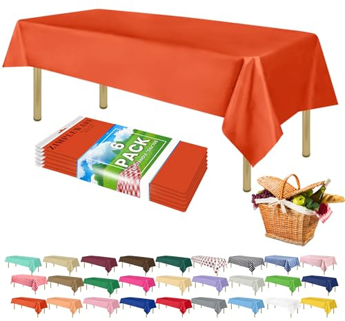 Zimpleware Einweg-Tischdecke aus Kunststoff, 137,2 x 274,3 cm, rechteckig, für den Innen- und Außenbereich, Orange, 6 Stück