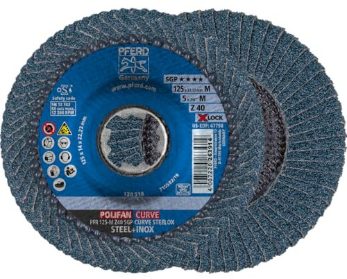 PFERD Fächerscheibe POLIFAN CURVE, 10 Stück, 125mmx11mm, Z40, X-LOCK (22,23 mm), SGP STEELOX, 67689053 - für die präzise Kehlnahtbearbeitung