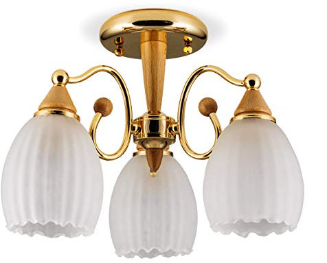 Helios Leuchten 184381/ES Messing Deckenlampe Lampe vergoldet | Deckenleuchte Leuchte Holz Esche | klassische Wohnzimmernlampe | Schlafzimmerlampe drei flammig