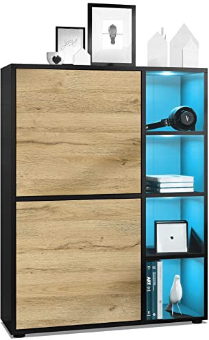 Vladon Highboard Schrank Anrichte Cuba mit 8 Fächern, Made in Germany, Korpus in Schwarz matt/Fronten in Eiche Natur, mit RGB LED Beleuchtung