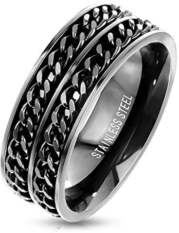 Paula & Fritz® Ring Herren Schwarz Spinner-Kette 316 L Chirurgenstahl Größe 72 (22,9) 8-mm breit Partnerring Verlobungsring Herrenring Bandring Bikerring